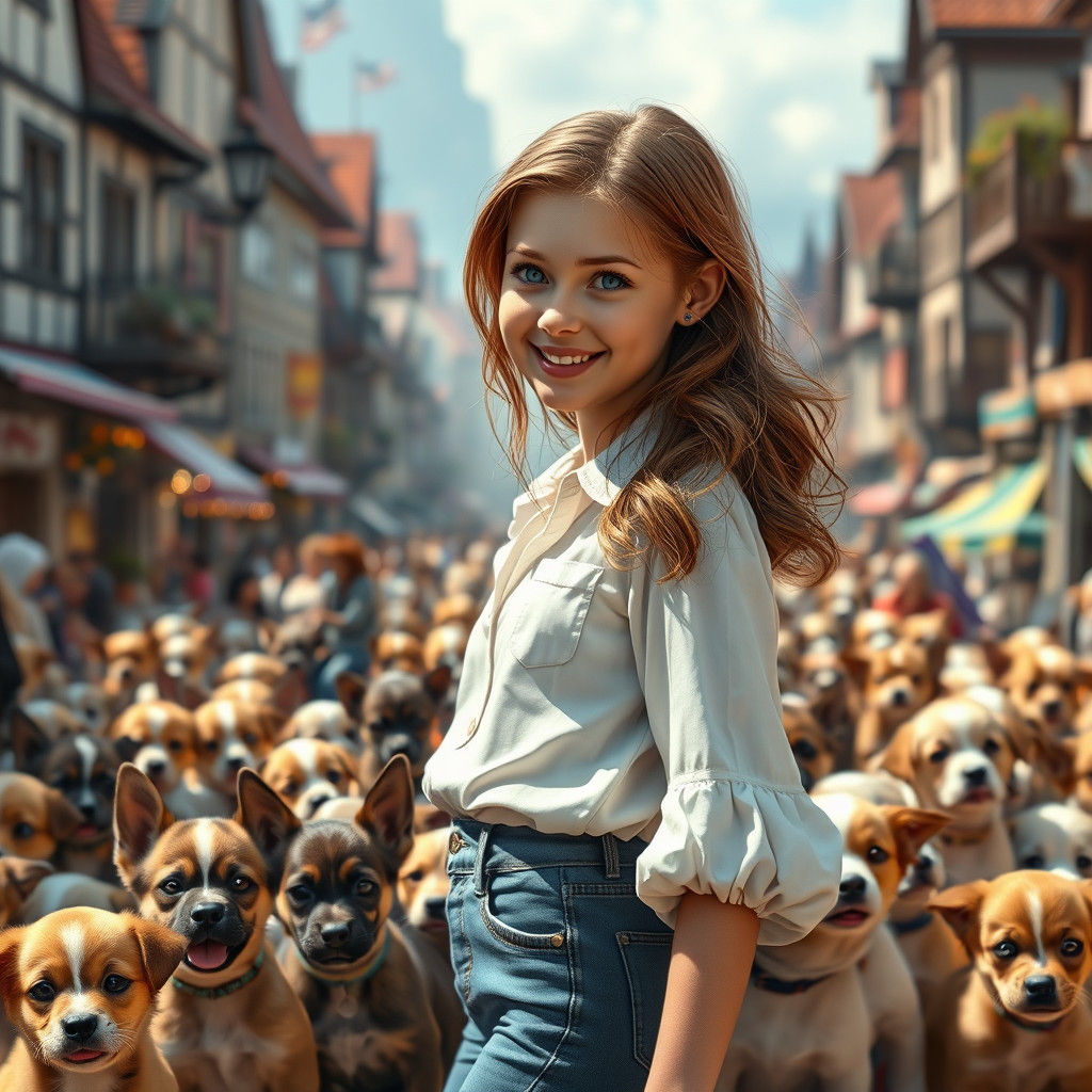 Girl Surrounded by Puppies in Whimsical Town Square