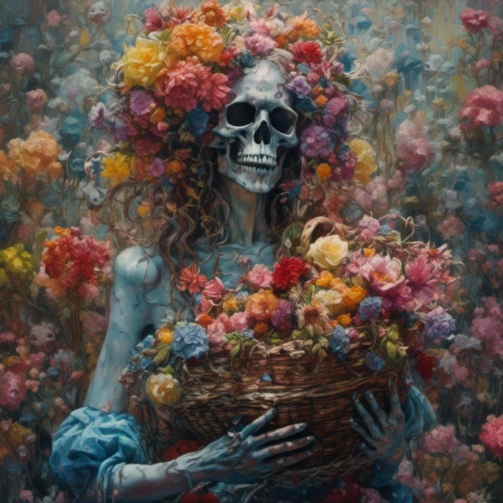 Skull in Floral Dress as Oil Painting