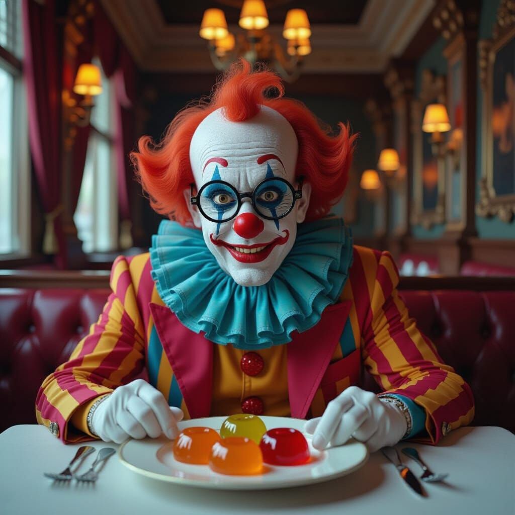Clown Disgusted by Jelly Cars in Opulent Restaurant
