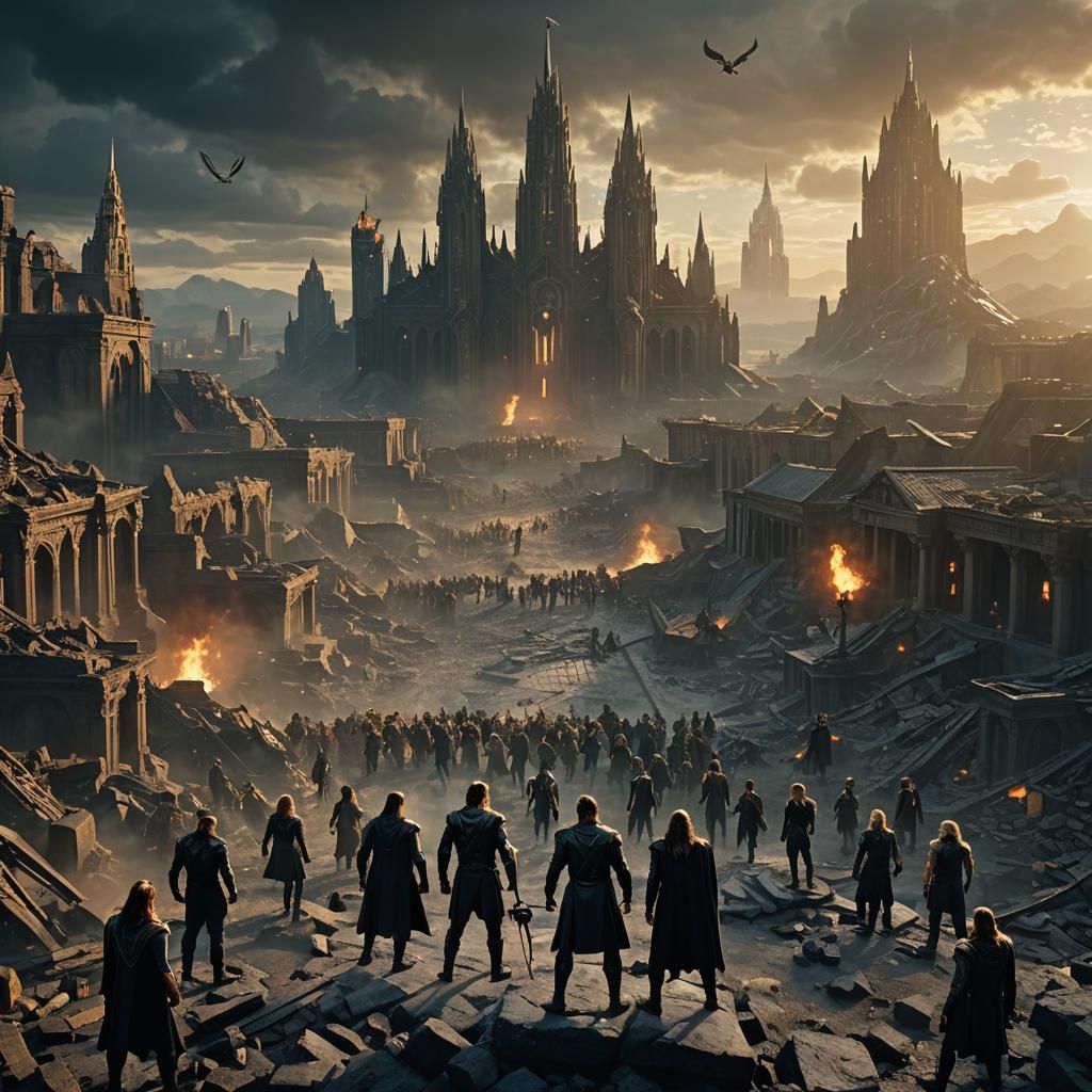 Powerful Loki Leads the Avengers in Gothic Cityscape