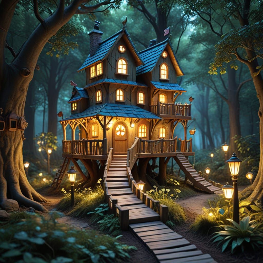 Whimsical Tree House in Enchanted Forest with Vibrant Slides