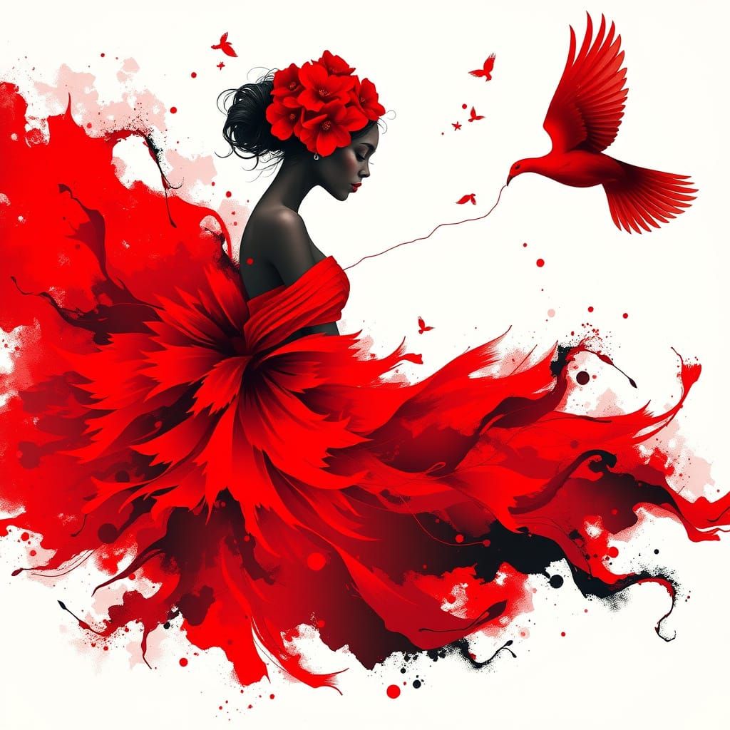 Ethereal Woman in Red and Black Abstract Landscape