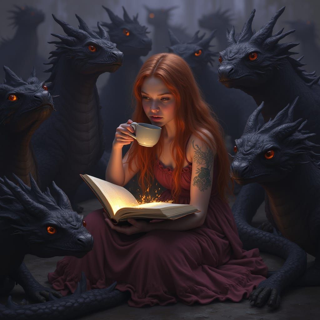 Girl Reading Among Dragons in Dark Fantasy Style