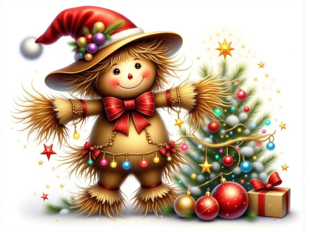 Cheerful Christmas Scarecrow in Whimsical Style