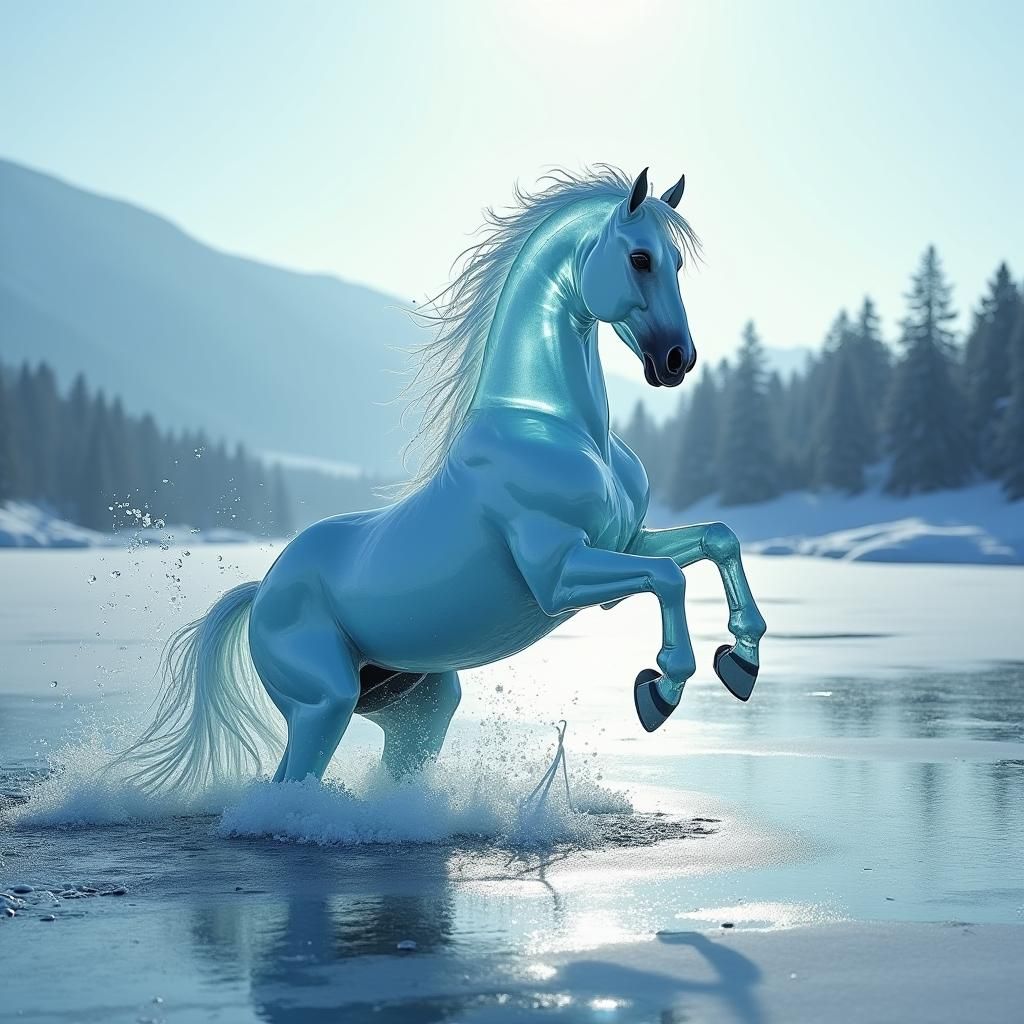Majestic Ice Horse Emerges from Frozen Lake