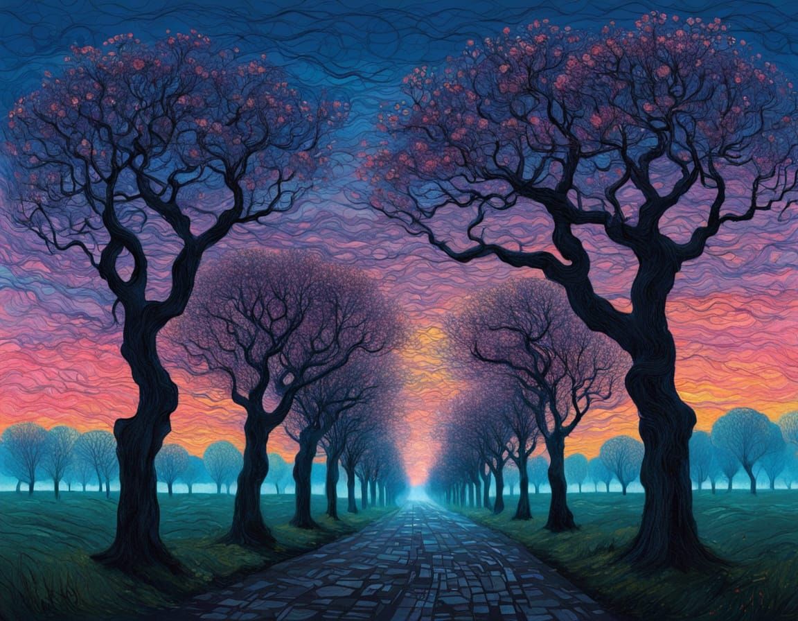 Surreal Cherry Blossom Avenue in Dreamlike Landscape