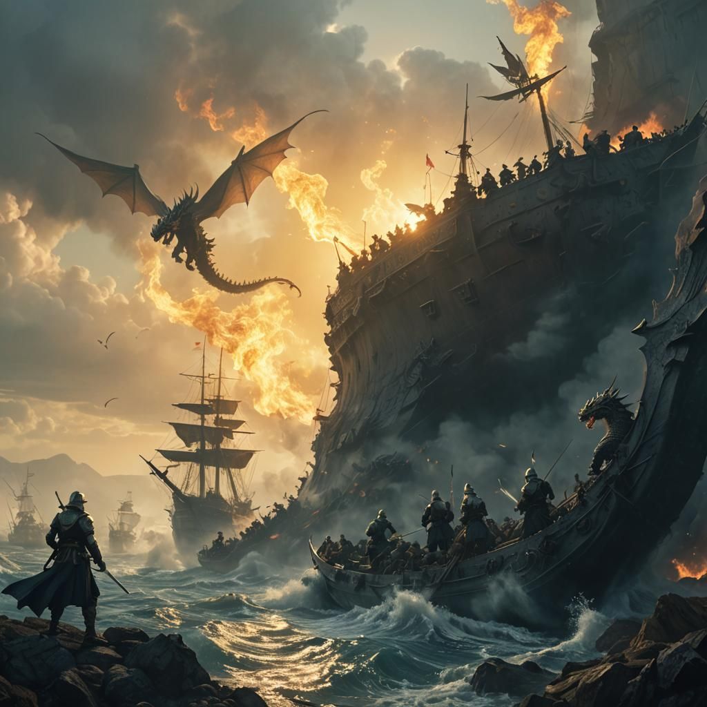 Epic Dragon Battle on Burning Ships in Golden Light
