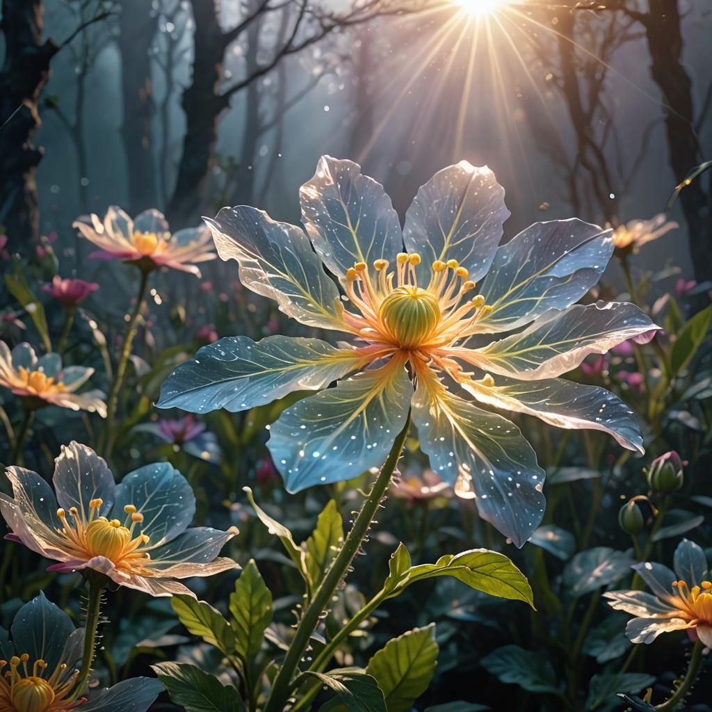 Glowing translucent fantasy flower, ethereal bio-luminescent plasma energy, magical ambiance, photorealistic, misty fog,...