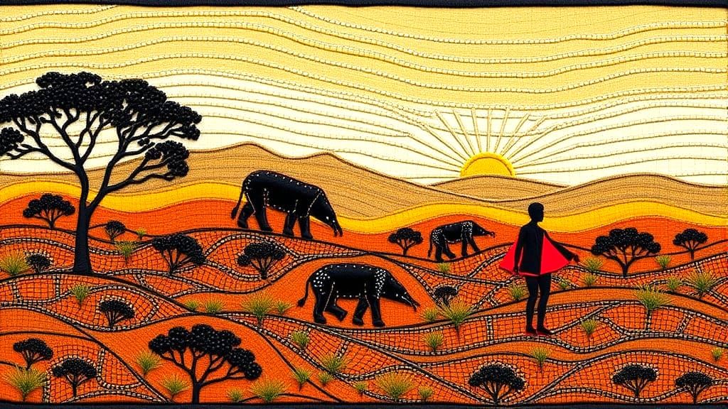 3D Embroidered Landscape with Ndebele Patterns in Earthy Ton...