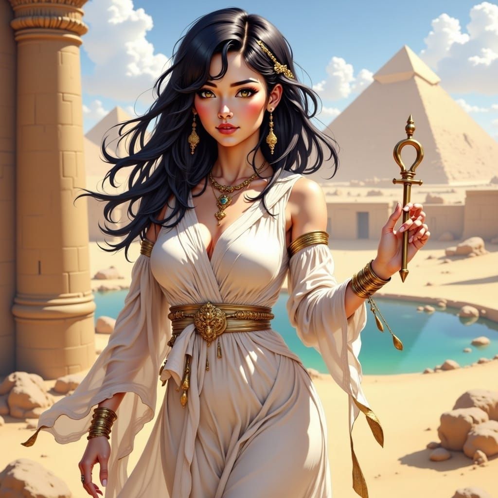 Egypt-Themed Anime Woman with Ankh Symbol