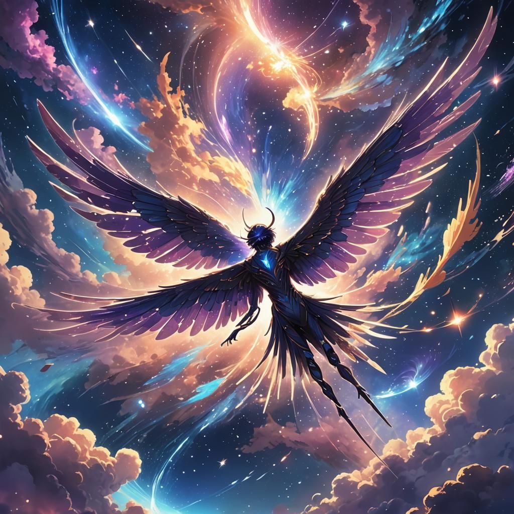 Ethereal Space Creature with Stardust Wings, Anime Style