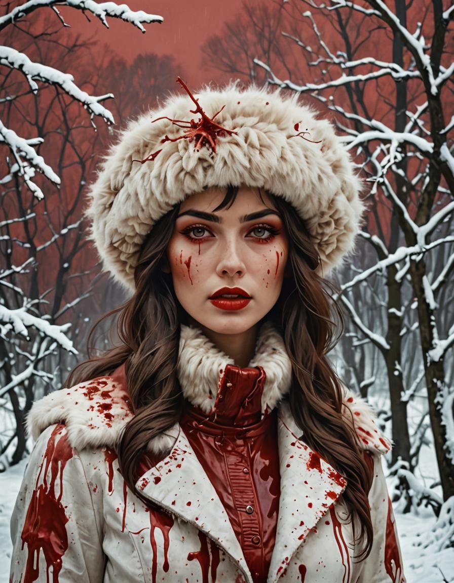 Surreal Woman with Fur Hat in Bloody Winter