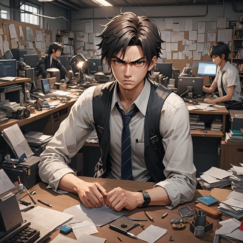 Angry Young Man at Work in Anime Style
