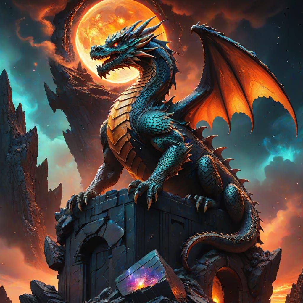Nebula Dragon on Obsidian Tower: Cosmic Horror Art