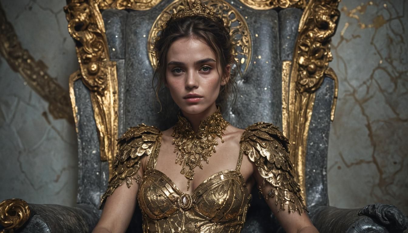 Woman in Golden Dress on Granite Throne Portrait