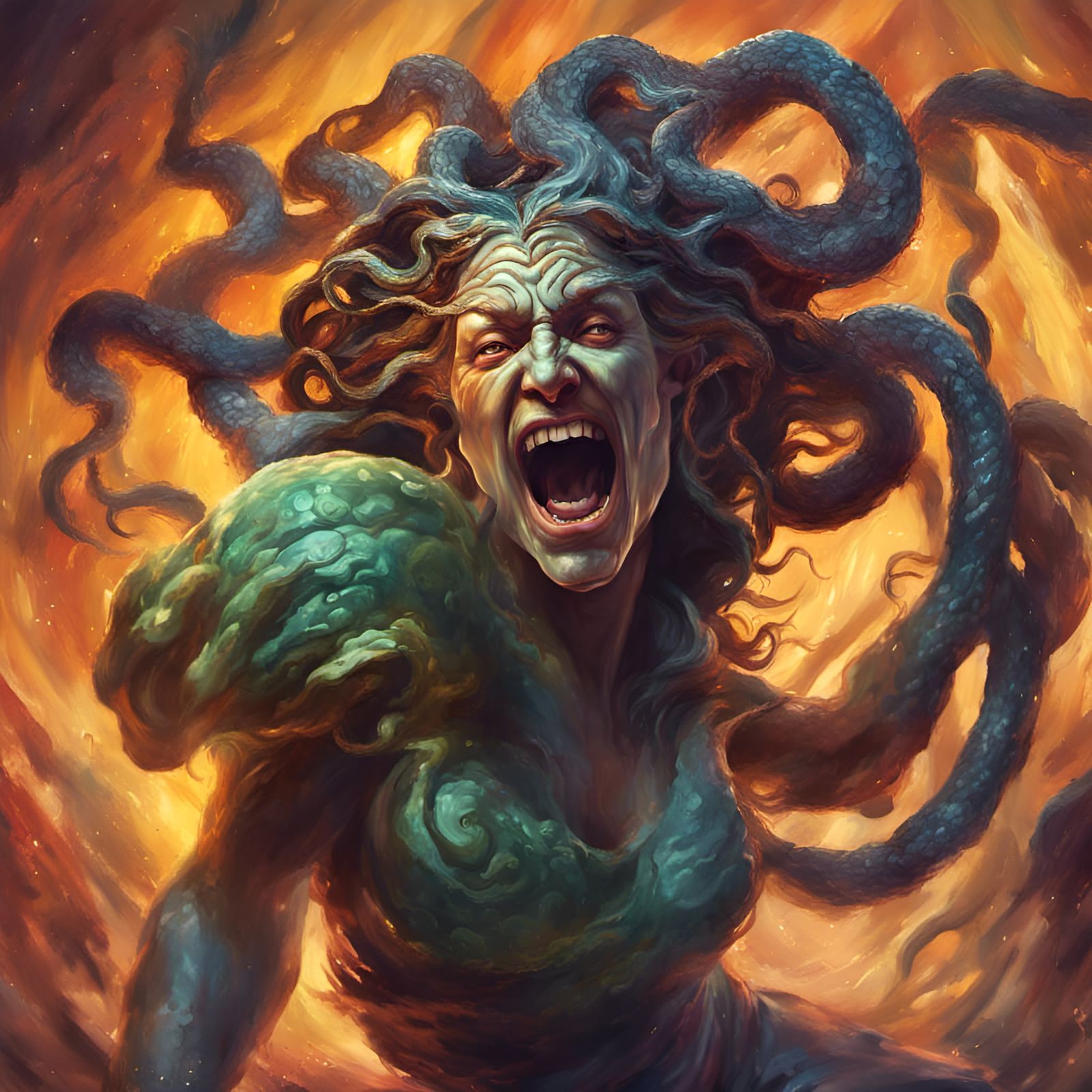 Medusa and Trickster God Clash in Hyperrealism