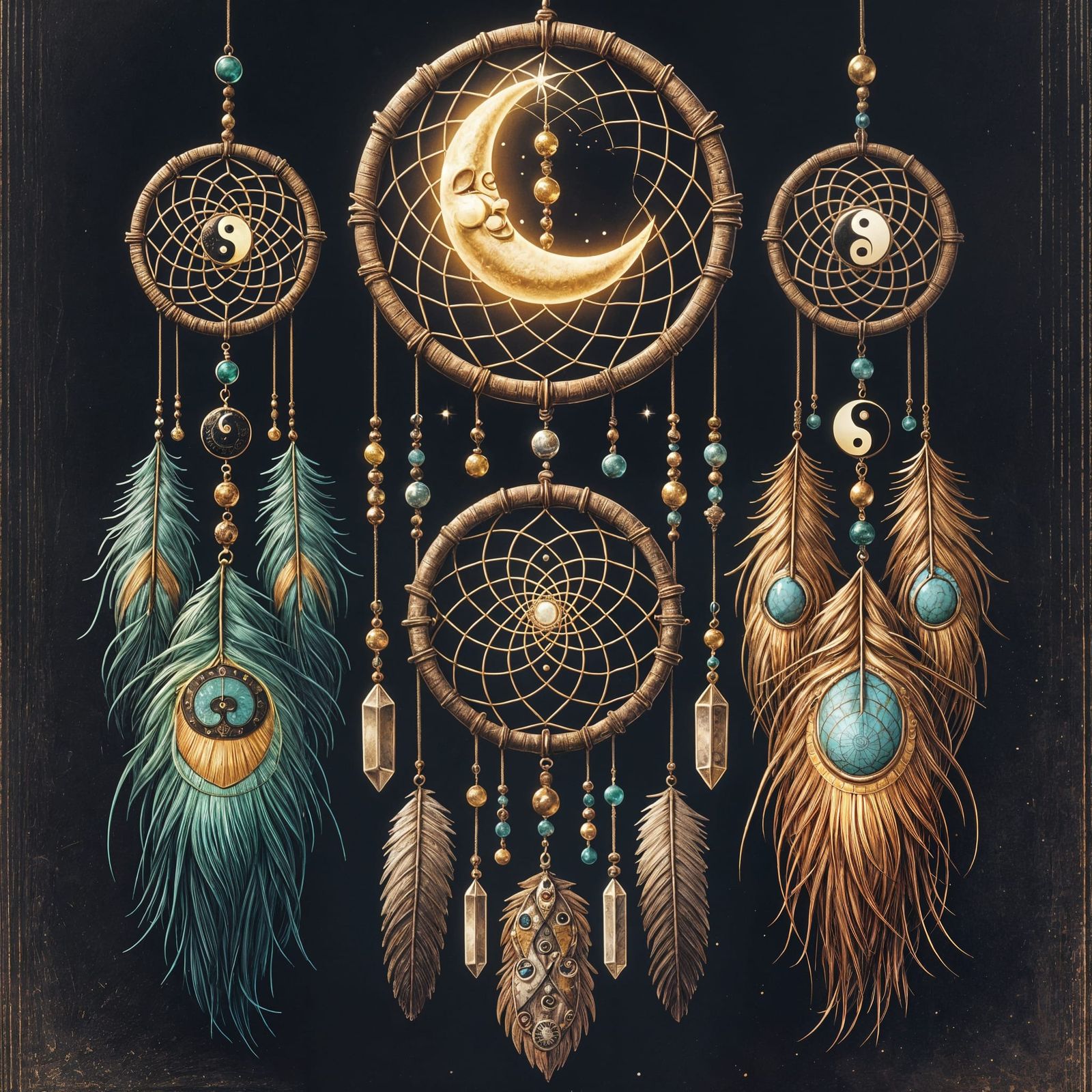Elaborate Dream Catcher Mobile with Crescent Moon