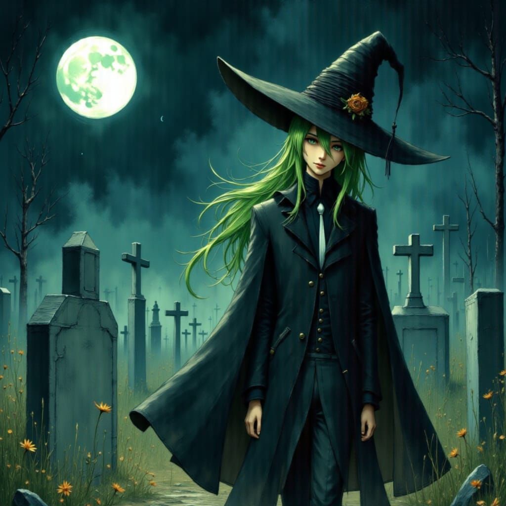Anime Male in Graveyard Under Crescent Moon