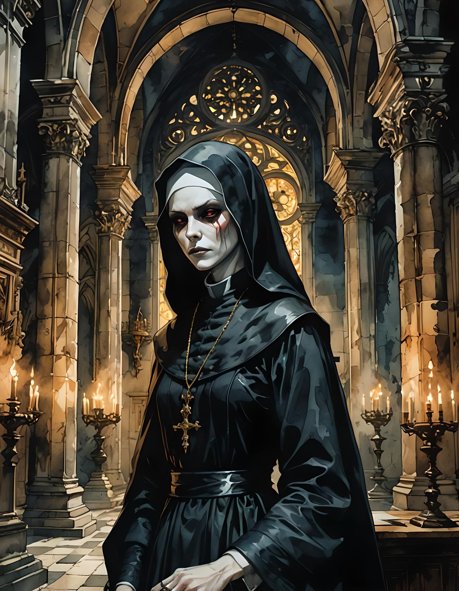 Demonic Nun in Baroque Monastery Watercolor