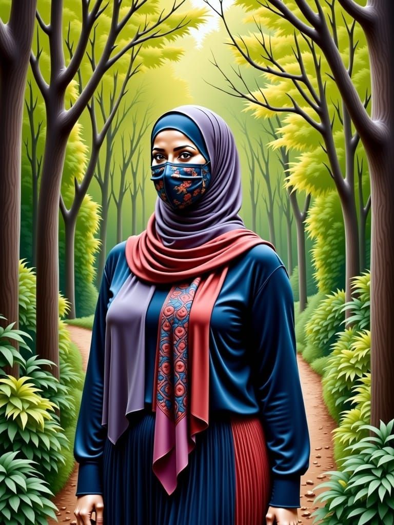 Woman in Hijab and Mask in Lush Forest