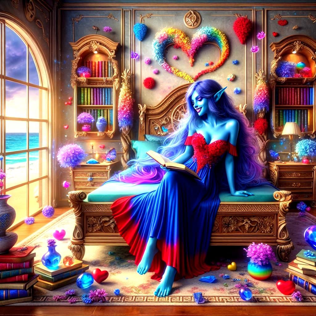 Joyful Blue Elf Reading in a Surreal Room