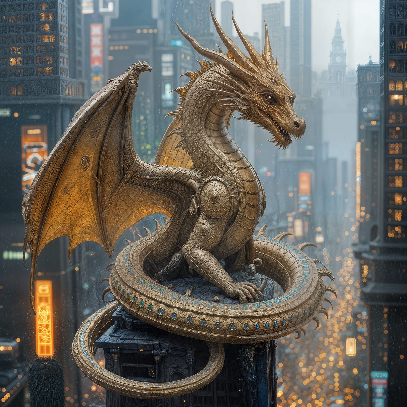 A majestic dragon, rendered entirely in gleaming gold spray ...