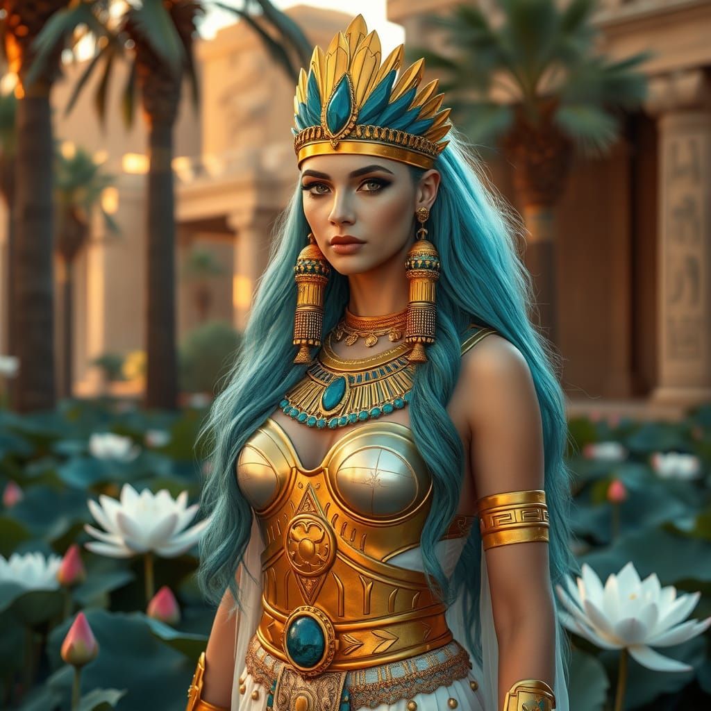 Egyptian Fantasy Queen in Lush Lotus Garden