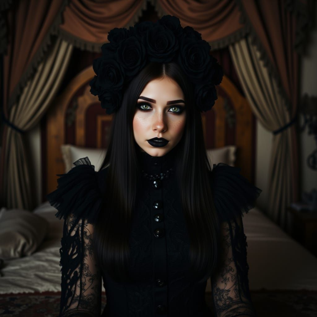 Gothic Woman in Black Dress in Dark Bedroom