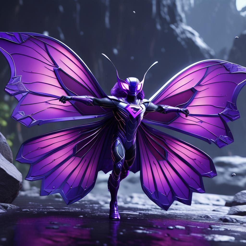 Three-Winged Butterfly Superhero in Detailed Matte Painting