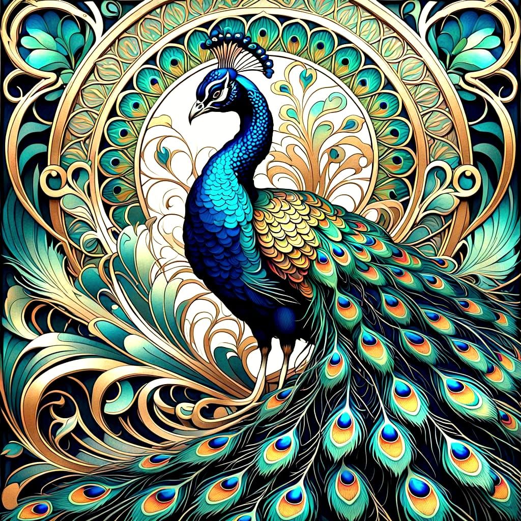 Art Nouveau Peacock with Iridescent Feathers