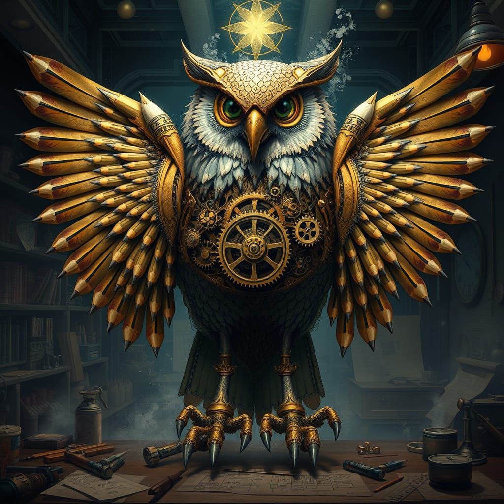 Steampunk Owl Constructed From Pencils