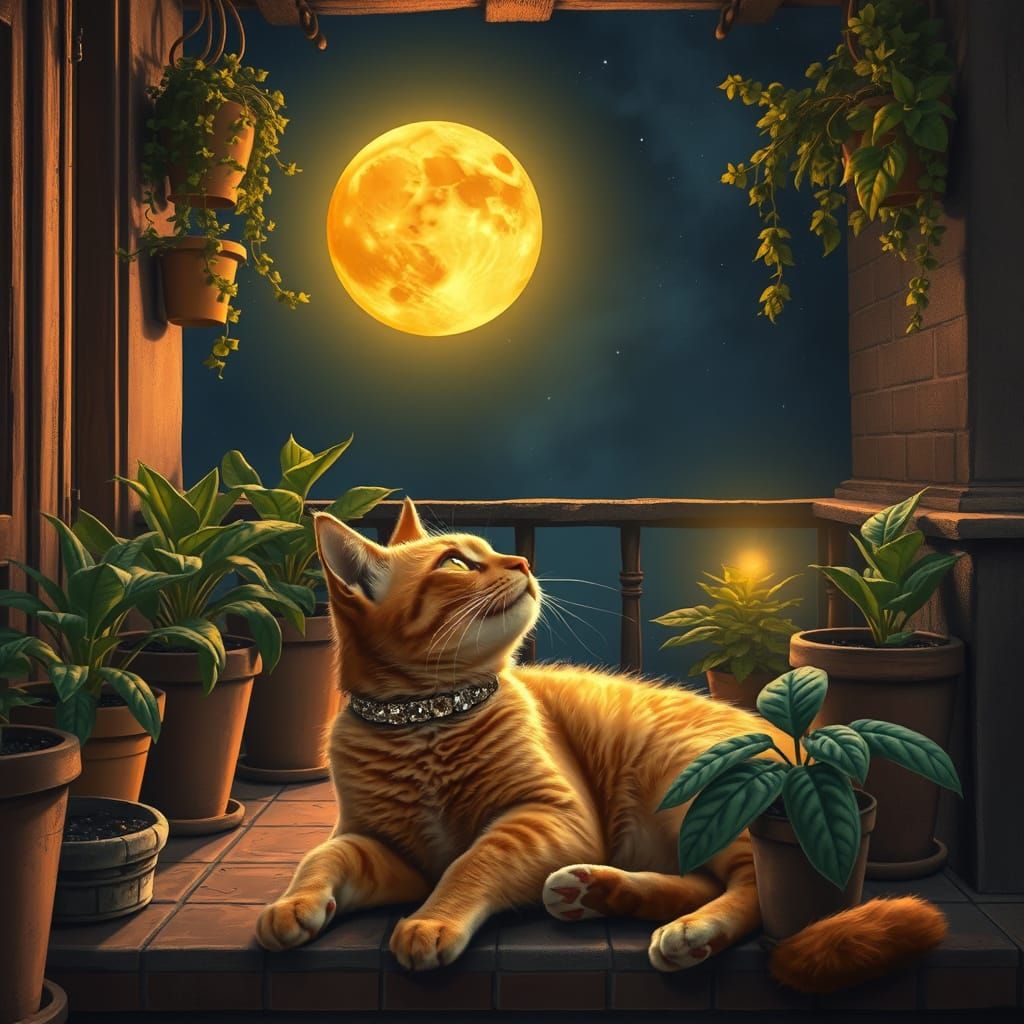 Ginger Cat Balcony Moonlit Scene in Realistic Style
