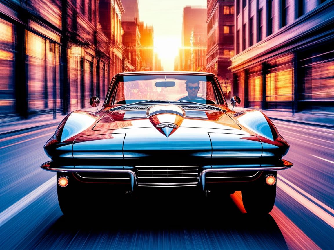 1964 Corvette Speeds Through City at Sunset