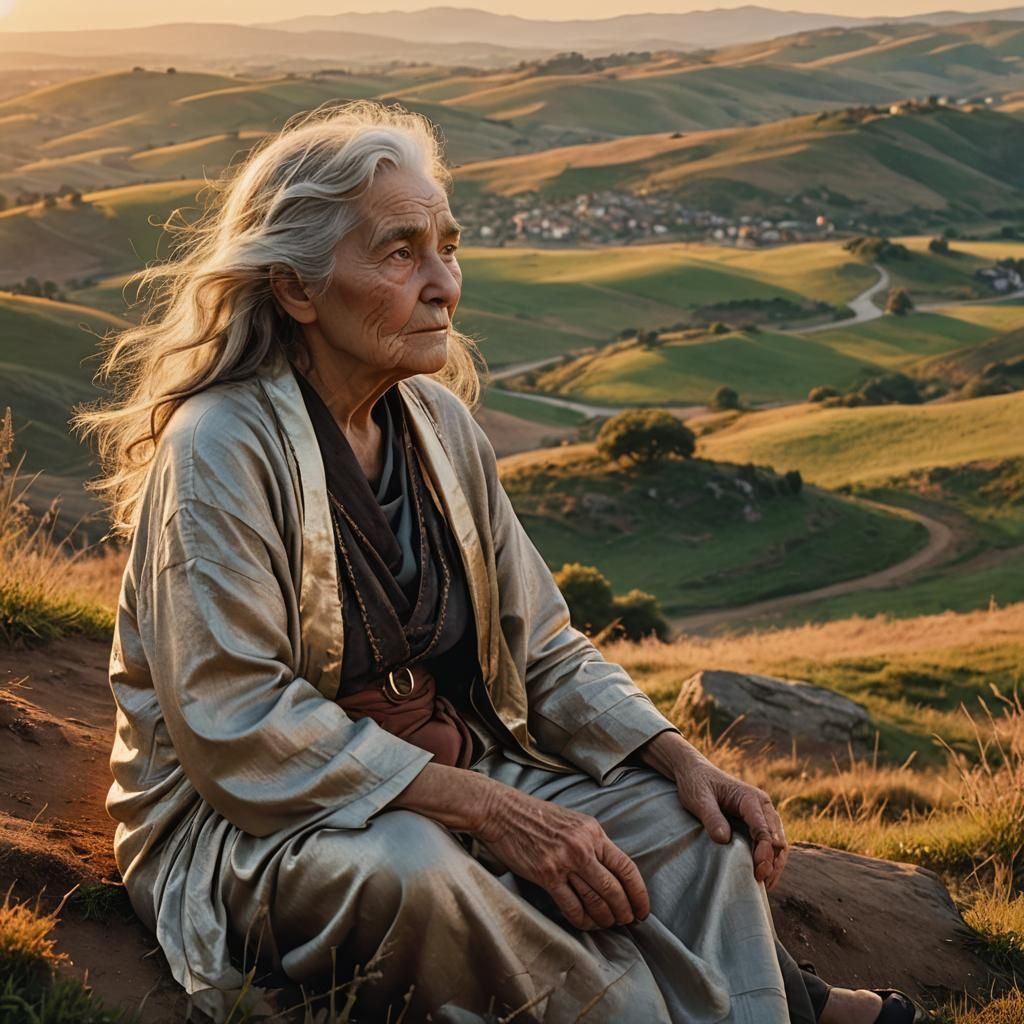 Serene Sunset: Wise Woman in a Dreamy Landscape