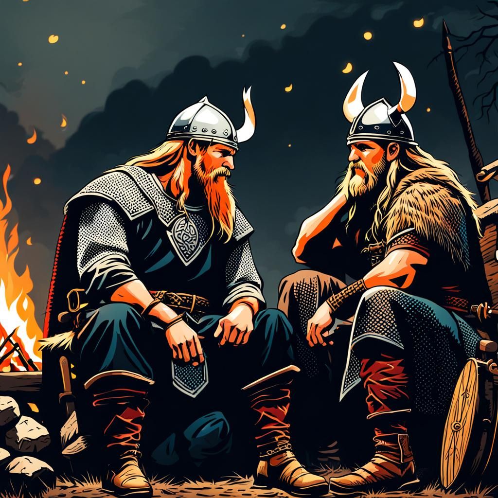 Vikings Chatting by Campfire