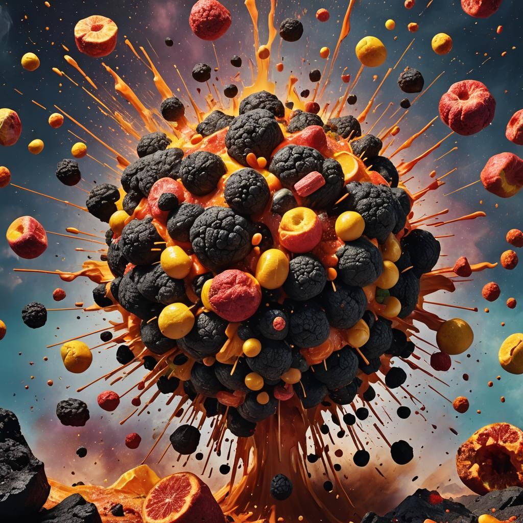 Volcanic Food Explosion in Hyperrealistic Splash Art