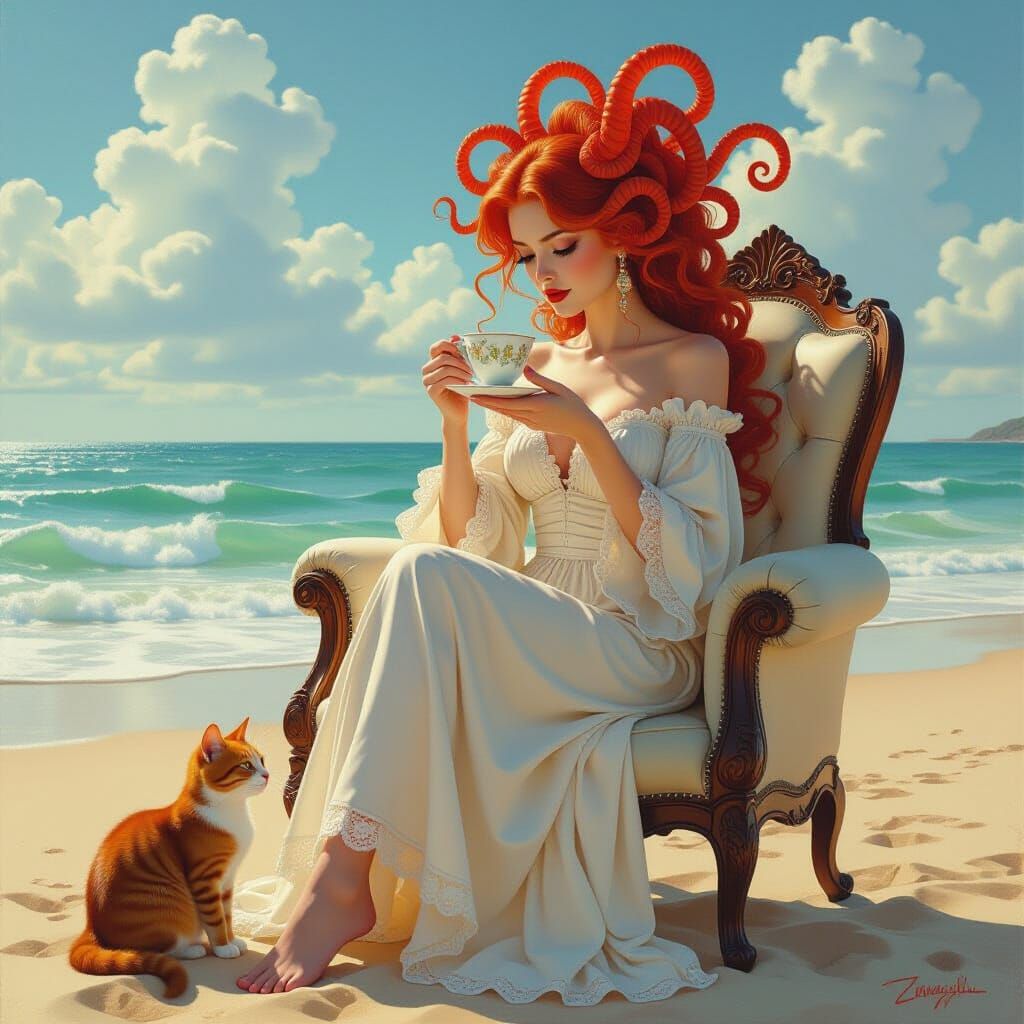 Jellyfish Gargoyle Woman with Snake Hair in White Dress