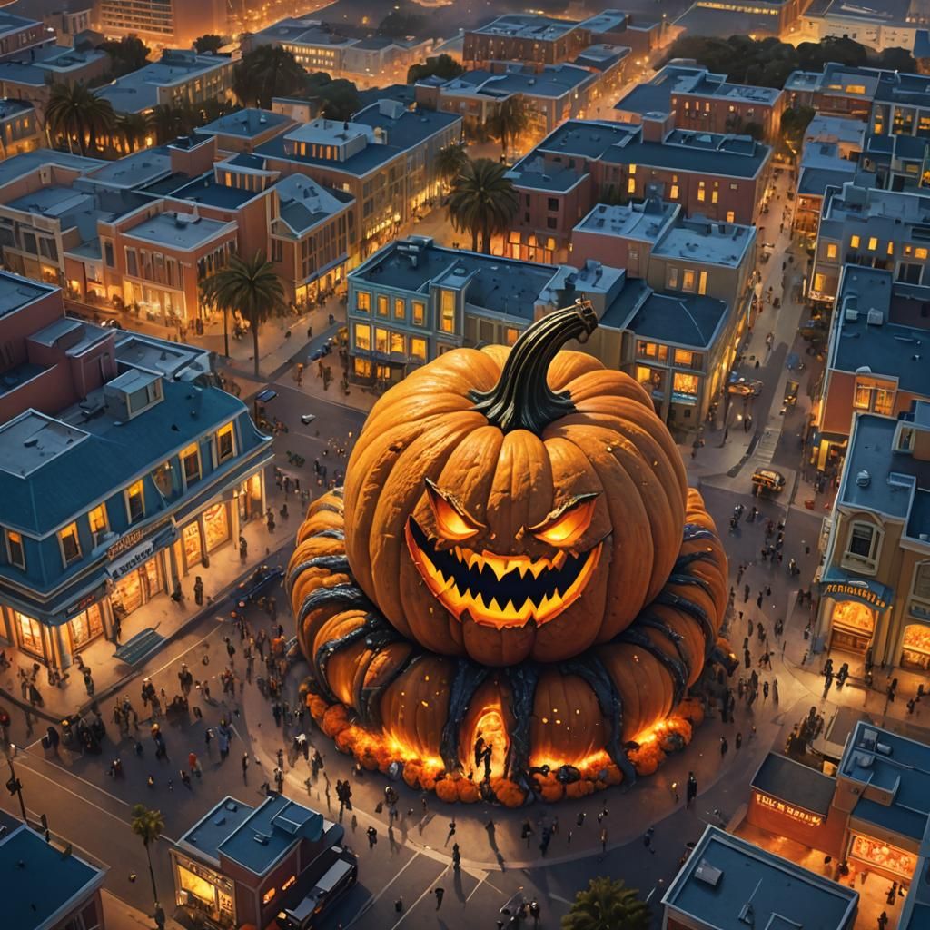 Monster Bursting From Pumpkin in Gothic Cityscape