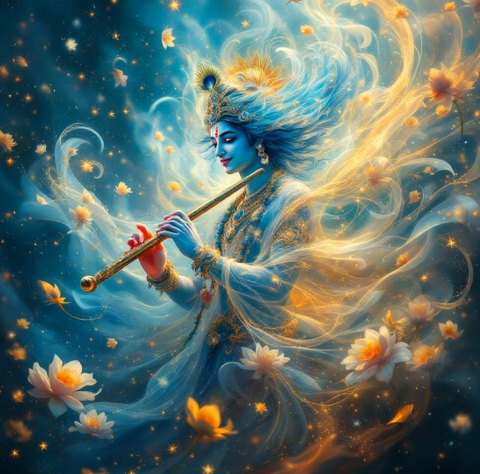 Ethereal Fantasy Krishna Unfolds in Whirling Floral Majesty