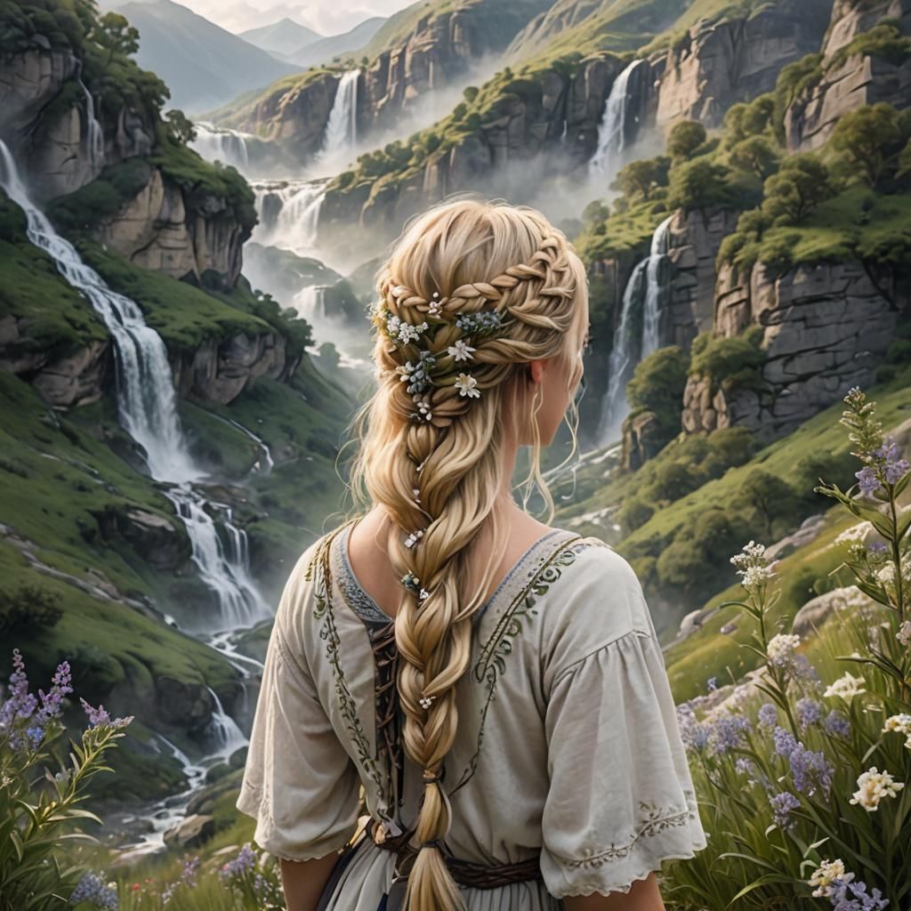 Blonde Girl in Mountain Valley, Pre-Raphaelite Style