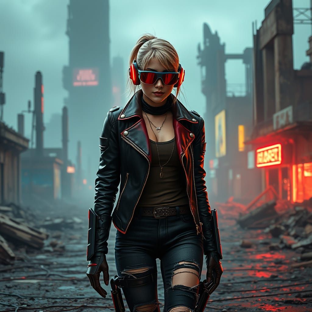 Cyberpunk Lady Walks Through Apocalyptic City