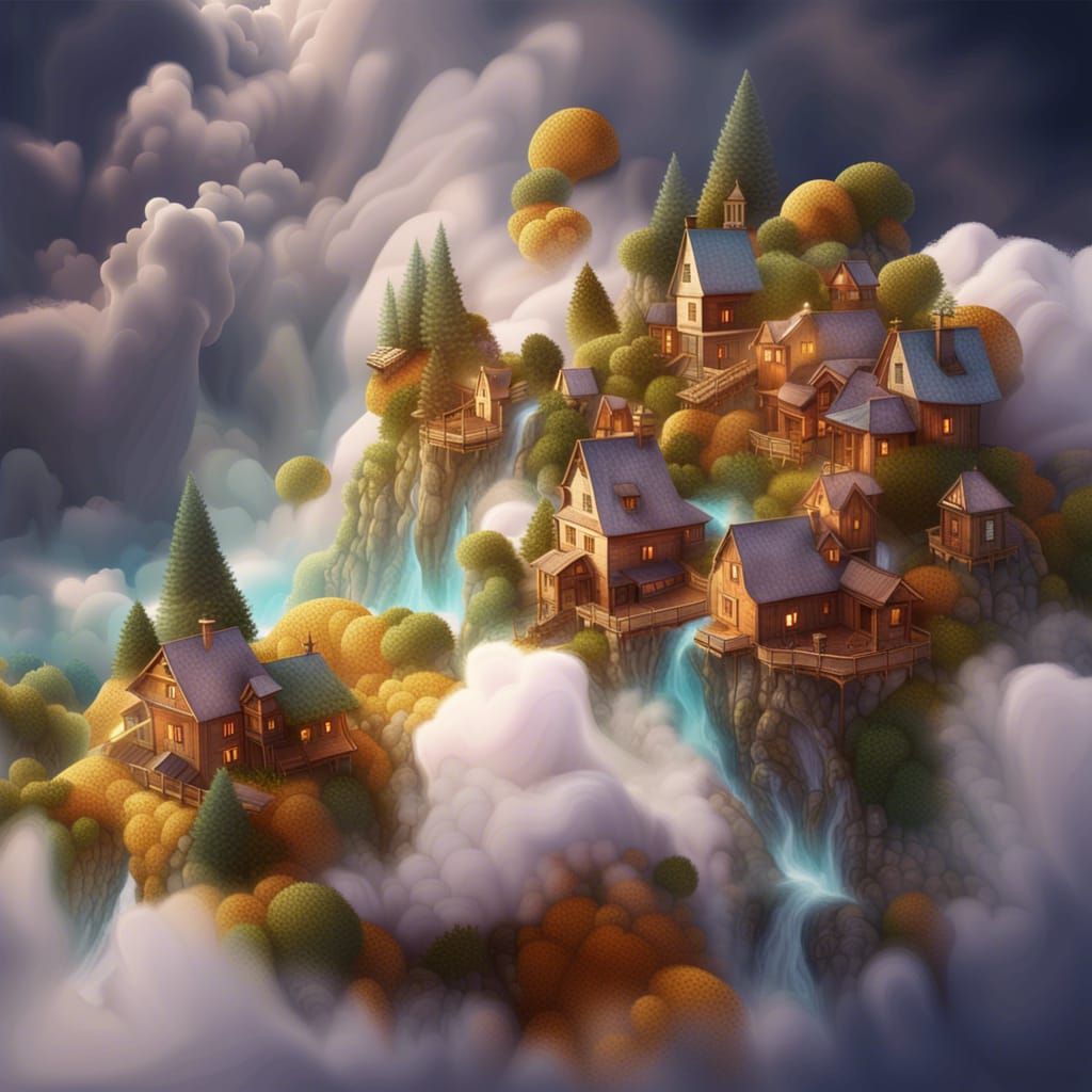 Heavenly Village in the Clouds: Digital Art