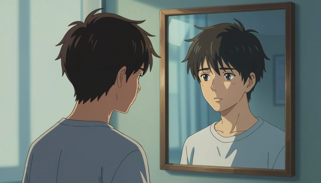 Sad Young Man Sees Reflection in Square Mirror