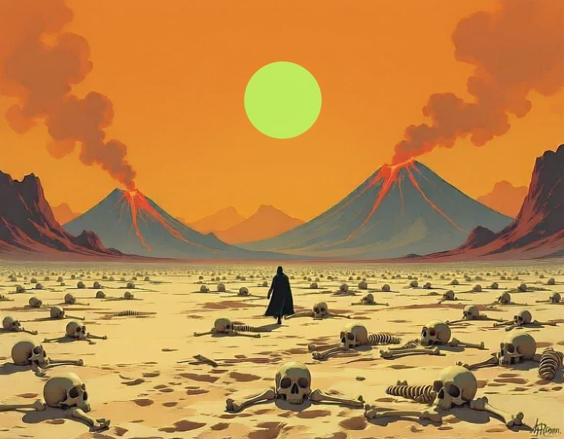 Bone Desert Under Green Sun with Volcanoes, Fantasy Art
