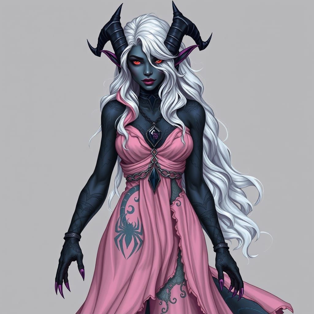 A female DROW hybrid race, she is half obsidian dragon, half drow.  she is wearing a very thin and very revealing transl...