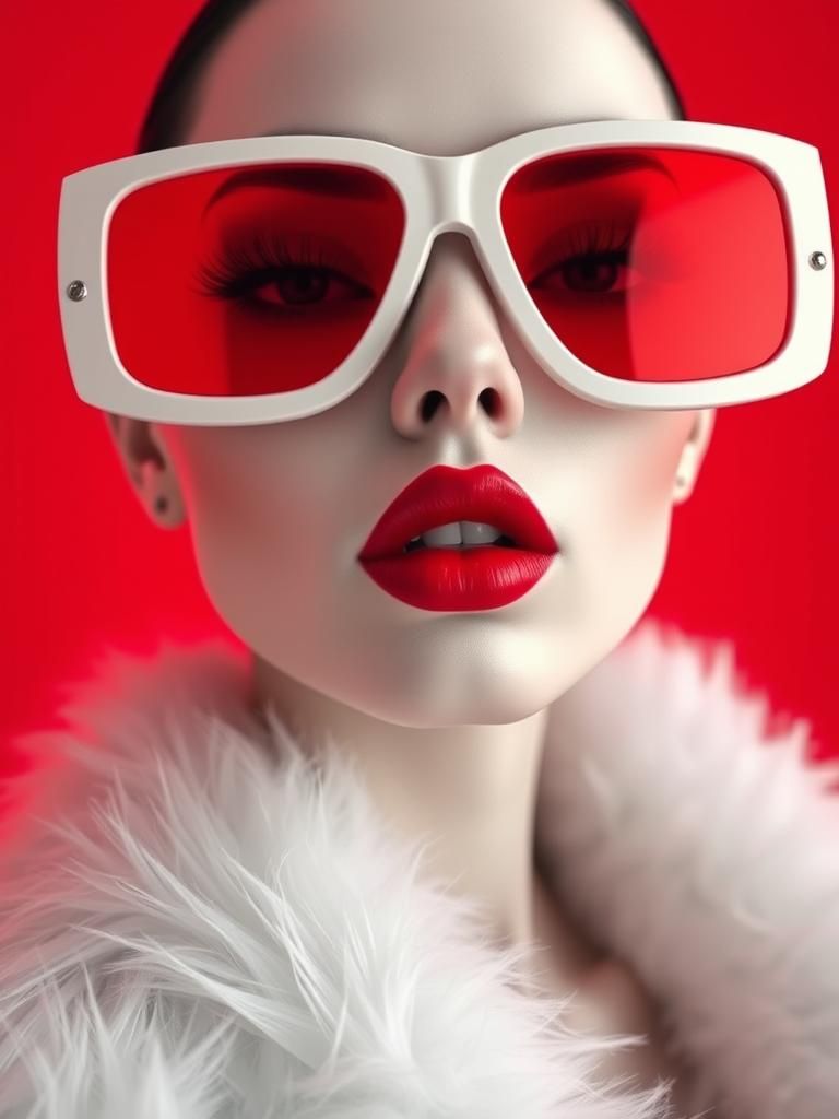 Futuristic Portrait: Red Lensed Model in White Fur