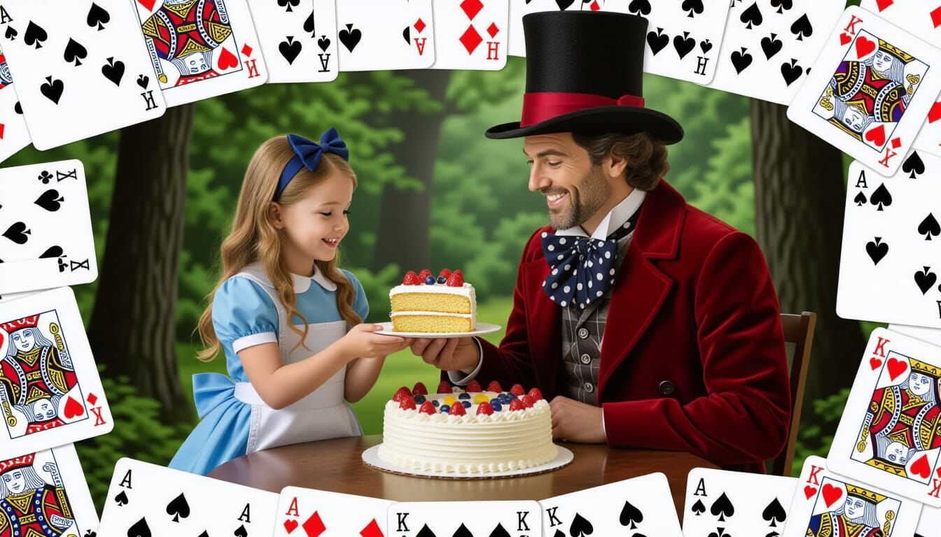 Mad Hatter Offers Cake to Alice in Card Forest