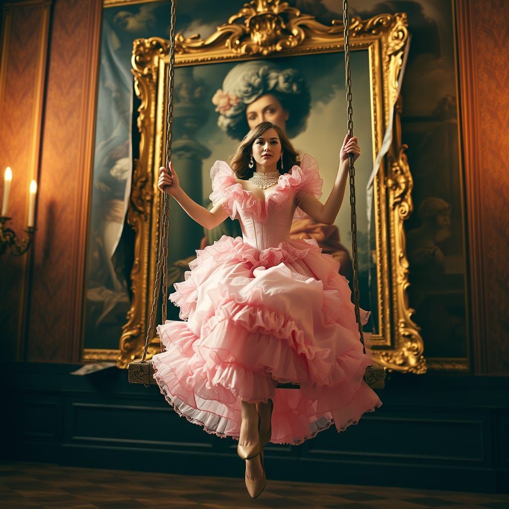 Elegant Woman Emerges from Baroque Painting in Classical Mus...