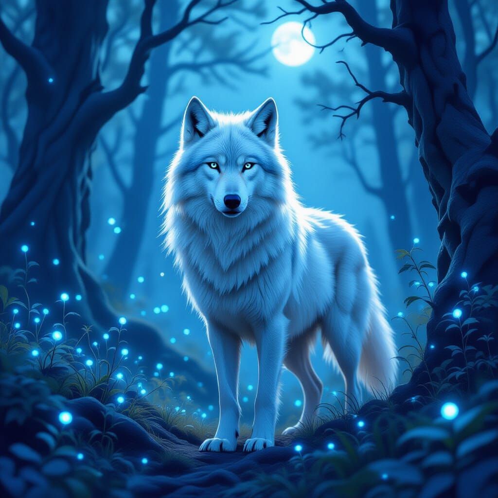 White Wolf Guardian in Bioluminescent Forest Painting