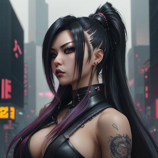 Futuristic Gyaru Samurai on Hibiya Street in Cyberpunk Style